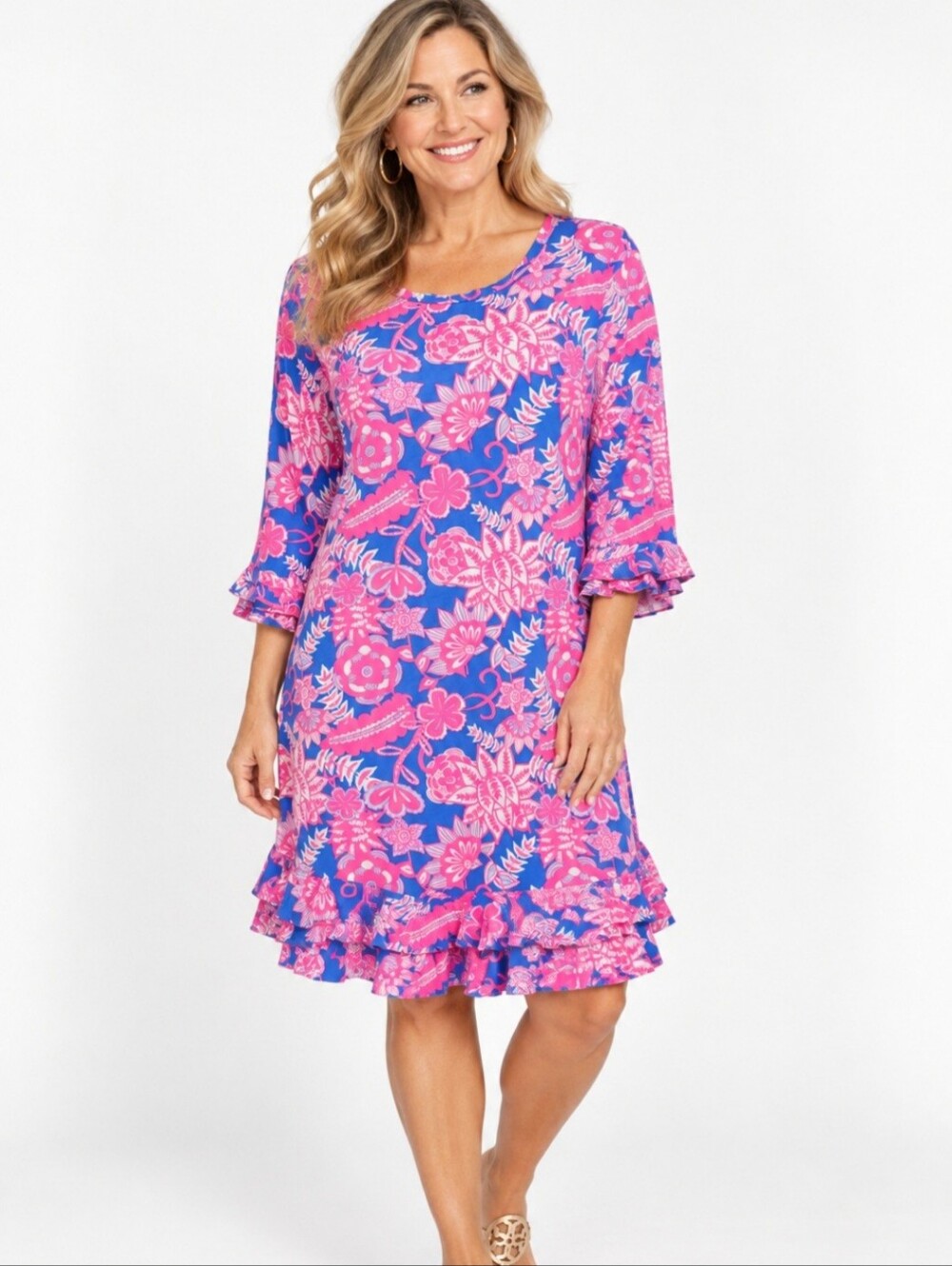 Lulu B Dress Women Medium SPF 50 Blue Pink Floral Ruffle Hem 3/4 Sleeve Resort